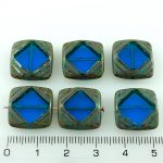Square Flat Carved Window Table Cut Czech Beads - Crystal Aqua Blue Picasso - 15mm