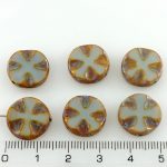 Cross Flower Coin Czech Flat Carved Table Cut Beads - Picasso Brown Opaque Gray Grey - 14mm