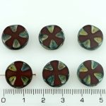 Cross Flower Coin Czech Flat Carved Table Cut Beads - Picasso Brown Opaque Bordeaux Red Rustic - 14mm