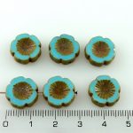 Hawaiian Flower Coin Czech Flat Carved Table Cut Beads - Rustic Picasso Opaque Turquoise Blue - 14mm