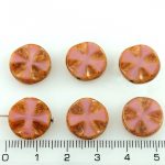 Cross Flower Coin Czech Flat Carved Table Cut Beads - Rustic Picasso Opaque Silk Pink - 14mm