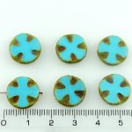 Cross Flower Coin Czech Flat Carved Table Cut Beads - Rustic Picasso Turquoise Blue - 14mm