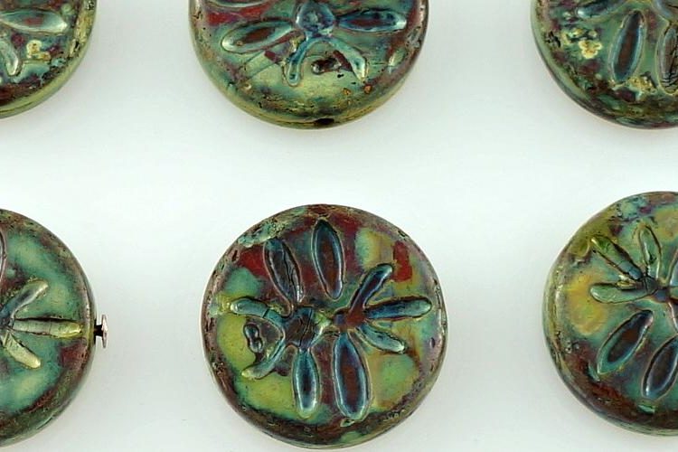 Coin Dragonfly Rustic Flat Round Czech Beads