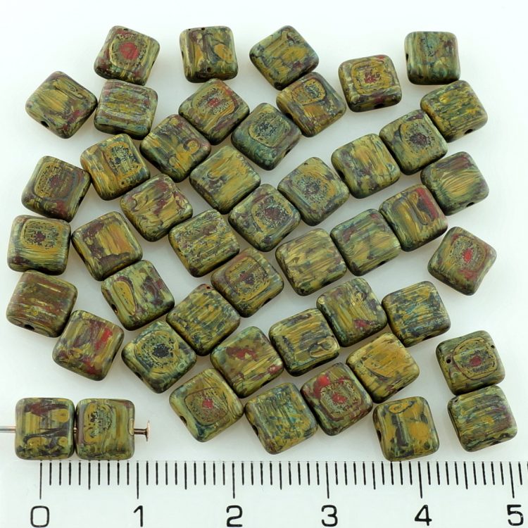 Square Flat Tile One Hole Czech Beads - Picasso Beads - Czech Glass