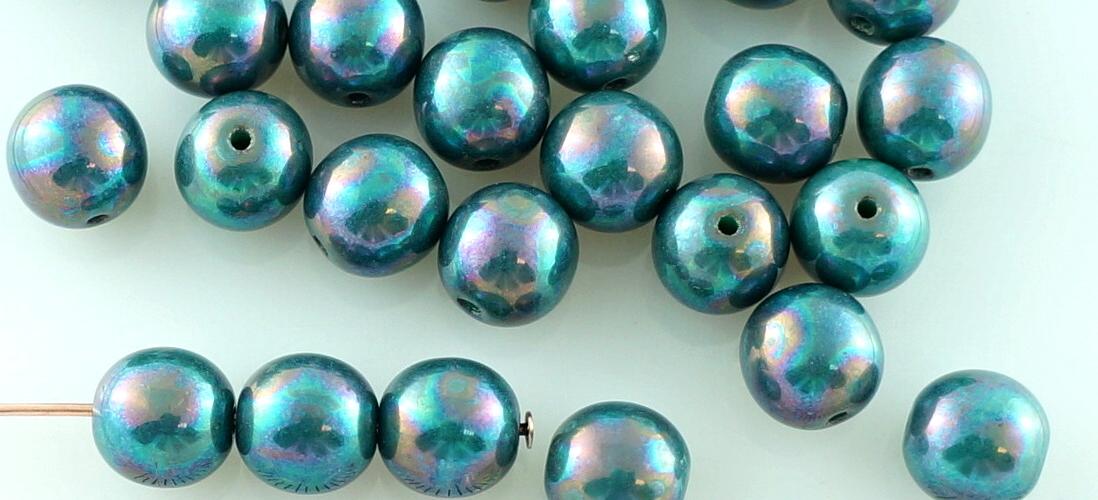 30 Ivory and Sea Green with Silver Picasso Round Pressed Glass Czech Beads  6mm 032-B