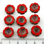 Hawaiian Flower Coin Czech Flat Carved Table Cut Beads - Rustic Picasso Red Brown - 14mm