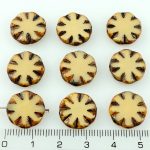 Flower Coin Window Table Cut Flat Czech Beads - Opaque Ivory Brown Rustic - 14mm