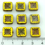Flower Square Window Table Cut Flat Czech Beads - Yellow Rustic Picasso - 10mm