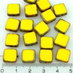 Square Flat Czech Beads - Picasso Lemon Yellow Table Cut Rustic - 10mm