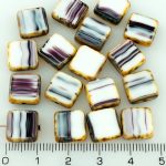 Square Flat Czech Beads - Picasso Brown White Purple Striped - 10mm