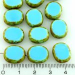 Flat Oval Window Table Cut Czech Beads - Picasso Opaque Turquoise Blue - 14mm
