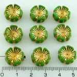 Flower Flat Czech Glass Beads - Picasso Light Green Gold Bronze Wash - 14mm