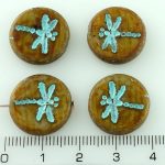 Coin Round Rustic Dragonfly Flat Czech Beads - Picasso Opaque Brown Striped Travertine Turquoise Wash - 17mm