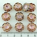 Hawaiian Flower Coin Czech Flat Carved Table Cut Beads - Picasso Crystal Silver Pink - 14mm