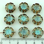 Hawaiian Flower Coin Czech Flat Carved Table Cut Beads - Picasso Crystal Turquoise - 14mm