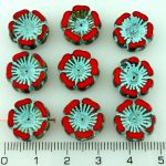 Hawaiian Flower Coin Czech Flat Carved Table Cut Beads - Picasso Coral Red Turquoise - 14mm