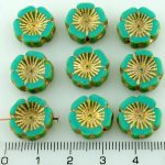 Hawaiian Flower Coin Czech Flat Carved Table Cut Beads - Picasso Turquoise Green Gold - 14mm