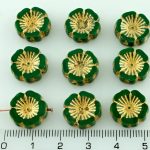 Hawaiian Flower Coin Czech Flat Carved Table Cut Beads - Picasso Dark Green Gold - 14mm