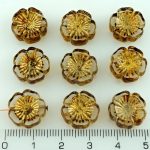 Hawaiian Flower Coin Czech Flat Carved Table Cut Beads - Picasso Crystal Gold - 14mm