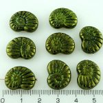 Shell Ammonite Fossil Carved Czech Beads - Metallic Green Luster - 17mm