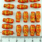 Owl Bird Animal Small Two-Sided Czech Beads - Opaque Red Coral Gold - 15mm