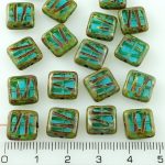 Square Window Table Cut Carved Flat Czech Beads - Picasso Crystal Aqua Blue - 10mm