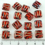 Square Window Table Cut Carved Flat Czech Beads - Picasso Orange Hyacinth - 10mm