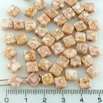 Square Silky Two Hole Flat Czech Beads - Picasso Red White Opal Gold Luster Terracotta - 6mm