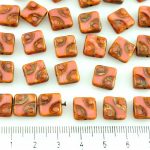 Square Window Table Cut Flat Dotted Czech Beads - Picasso Opaque Pink Silk - 10mm
