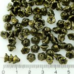 Bell Flower Caps Czech Beads - Opaque Jet Black Metallic Gold Patina Marble Luster - 7mm