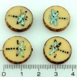Coin Round Dragonfly Window Flat Czech Beads - Picasso Biege Brown Turquoise Wash - 17mm