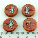 Coin Round Dragonfly Window Flat Czech Beads - Picasso Silky Pink Turquoise Wash - 17mm
