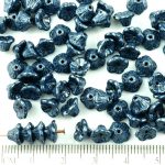 Bell Flower Caps Czech Beads - Opaque Jet Black Metallic Dark Blue Marble Luster - 7mm