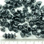 Bell Flower Caps Czech Beads - Opaque Jet Black Metallic Silver Gray Marble Luster - 7mm