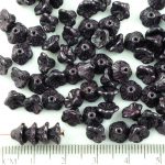 Bell Flower Caps Czech Beads - Opaque Jet Black Metallic Purple Patina Marble Luster - 7mm