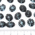 Opaque Rustic Flat Flower Sun Carved Oval Czech Beads - Crystal Aquamarine Black Wash - 14mm