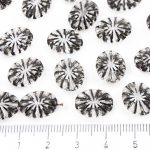 Opaque Rustic Flat Flower Sun Carved Oval Czech Beads - Crystal Clear Black Wash - 14mm