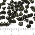 Bell Flower Caps Czech Beads - Opaque Jet Black Metallic Gold Patina Marble Luster - 7mm