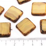 Square Flat Czech Beads - Picasso Brown Opaque Silky Beige Ivory - 18mm