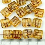 Square Window Table Cut Carved Flat Czech Beads - Picasso Crystal Opal Brown - 10mm