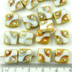 Square Window Table Cut Flat Dotted Czech Beads - Picasso Brown Opal Moonstone White - 10mm