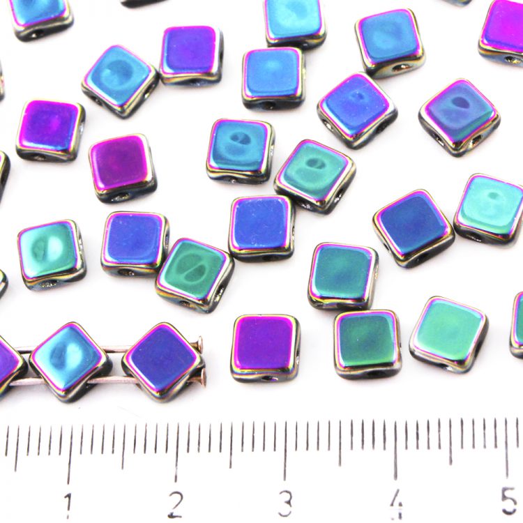 50 Matte Silky Rainbow Square Tile Beads, 6mm 2-Hole Czech Glass