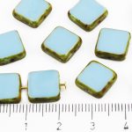 Square Flat Czech Beads - Picasso Brown Opaque Turquoise Blue - 10mm