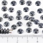 Lentil Round Flat Czech Two Hole Beads - Metallic Opaque Jet Black Silver Hematite Luster - 6mm