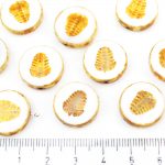 Flat Coin Trilobite Fossil Marine Window Table Cut Czech Beads - Picasso Brown Opaque White Alabaster Gold Patina Wash - 17mm