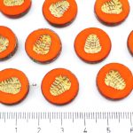 Flat Coin Trilobite Fossil Marine Window Table Cut Czech Beads - Picasso Brown Opaque Hyacinth Orange Gold Patina Wash - 17mm