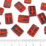 Rectangle Flat Window Table Cut Cross Religious Rosary Crucifix Czech Beads - Picasso Brown Opaque Coraline Coral Red Black Patina Wash - 17mm