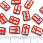 Rectangle Flat Window Table Cut Cross Religious Rosary Crucifix Czech Beads - Picasso Brown Opaque Coraline Coral Red Silver Patina Wash - 17mm