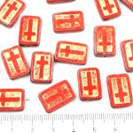 Rectangle Flat Window Table Cut Cross Religious Rosary Crucifix Czech Beads - Picasso Brown Opaque Coraline Coral Red Gold Patina Wash - 17mm