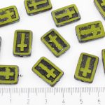 Rectangle Flat Window Table Cut Cross Religious Rosary Crucifix Czech Beads - Picasso Brown Opaque Olive Olivine Green Black Patina Wash - 17mm